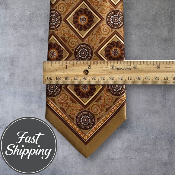 GIANFRANCO FERRE Made in Italy Silk Tie Geometric 100% Silk Necktie Brown/Tan - Picture 3 of 6